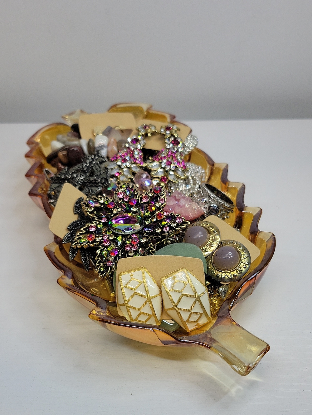 Carnival Glass Dish Filled With Jewelry
